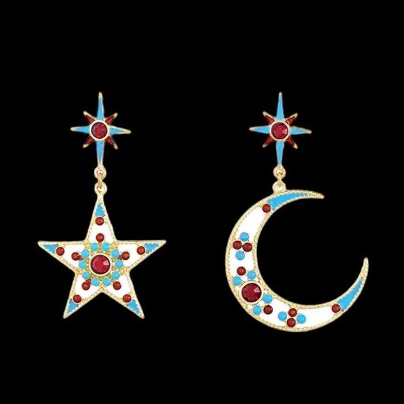 Bijoux Star Crescent Moon Mismatched Gold Tone Multicolor Dangle Earrings NWT - Picture 2 of 14
